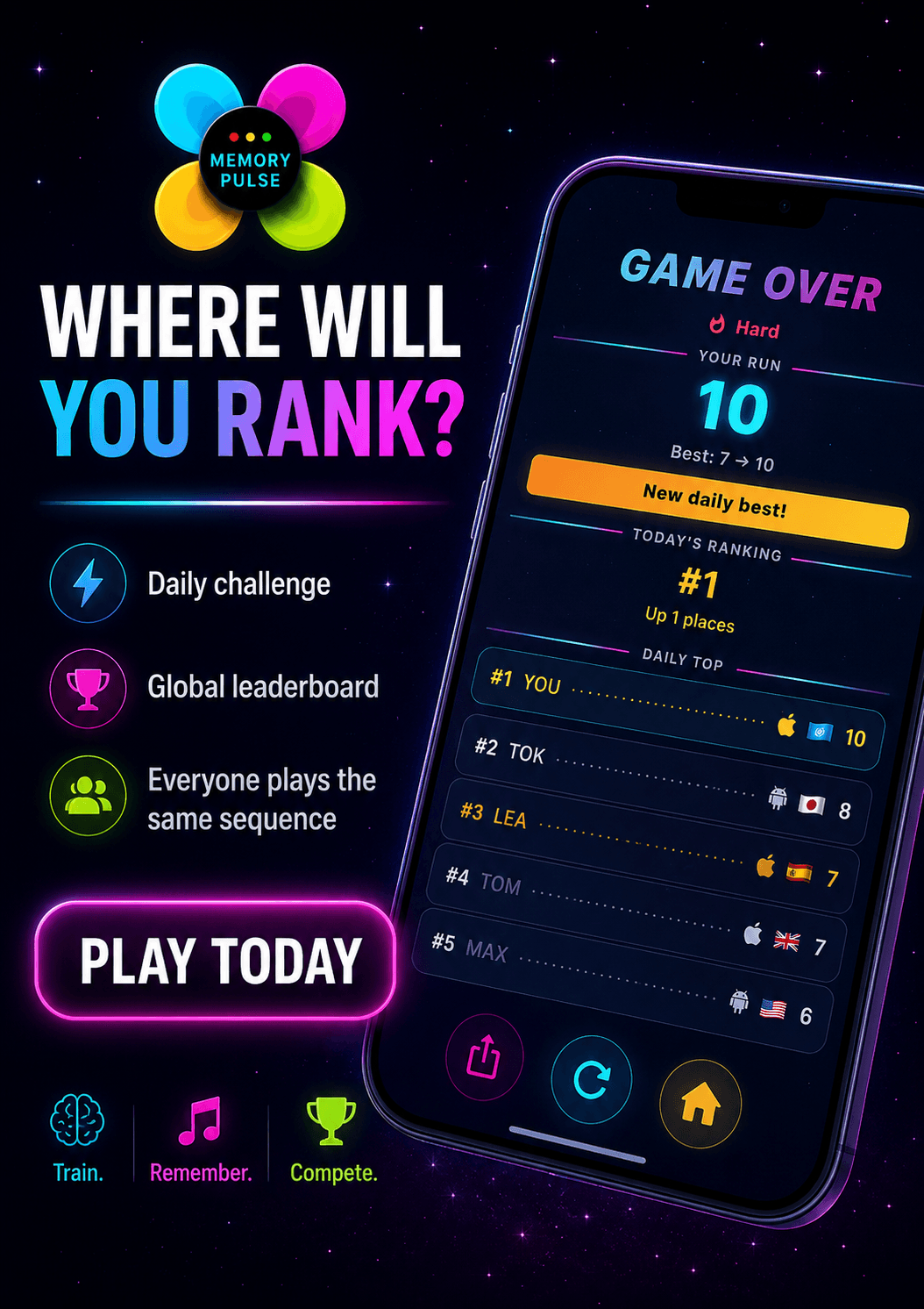 Memory Pulse promotional image asking where you will rank in the daily challenge