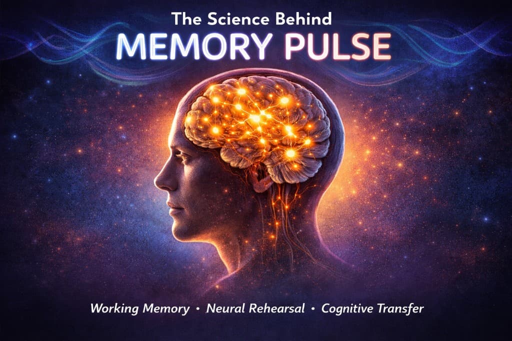 La ciencia detrás de Memory Pulse — cerebro iluminado con conexiones neurales sobre fondo cósmico