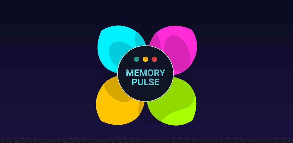 Memory Pulse — logotip neó amb botons cian, magenta, groc i verd sobre fons blau fosc